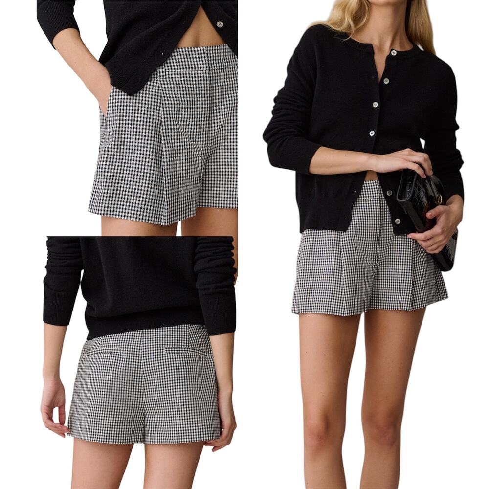Few Moda Junie Short Linen High Rise Pleated Black White Gingham Sz 2 XS Preppy